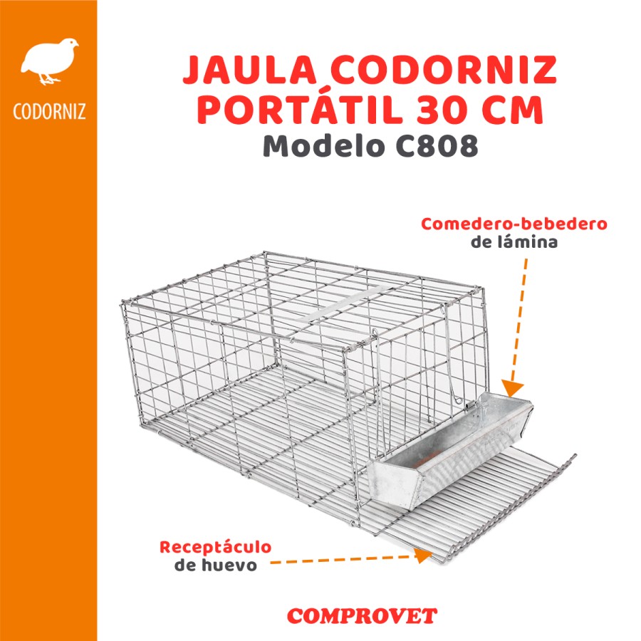 Jaula codorniz portátil 30 cm.  comedero-bebedero de lámina 