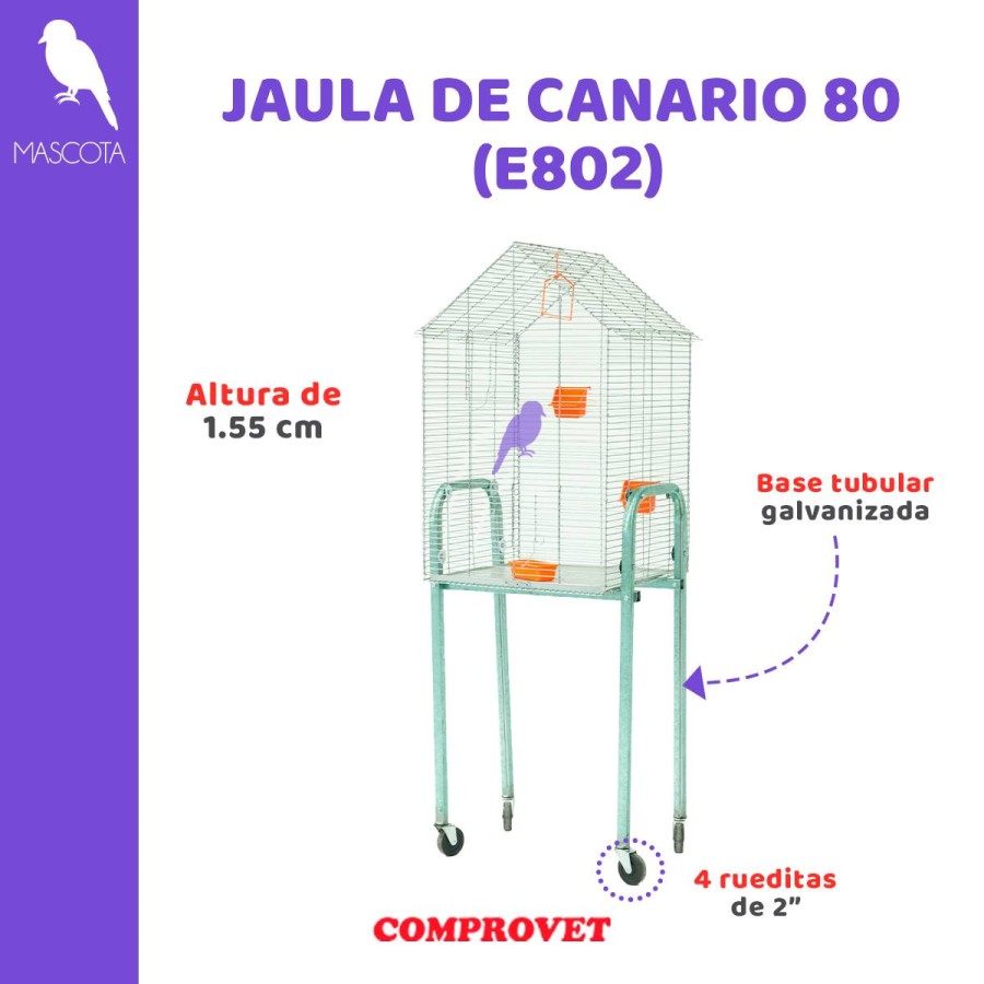Jaula de canario 80 con base de tubular galvanizado y rueditas de 2