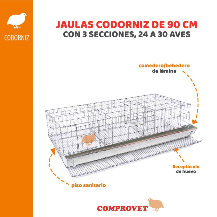 Jaula codorniz 90 cm. 3 secciones bebederos automáticos