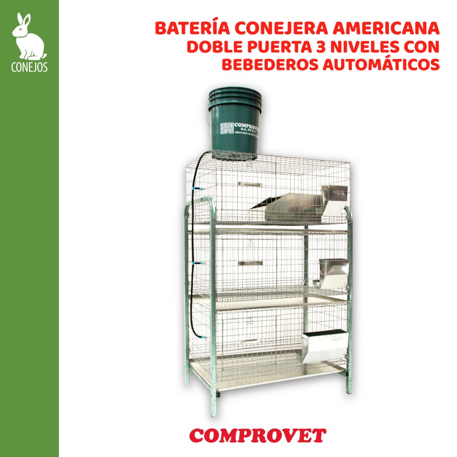 Batería de conejeras americanas de doble puerta de 3 niveles con bebederos automáticos.   