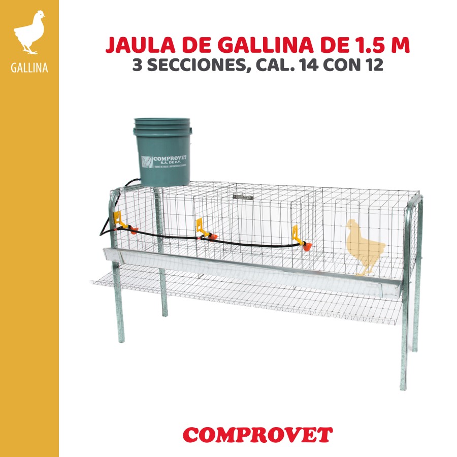 Batería de gallina de 1.5 m. de 3 secciones , 1 nivel para 12 o 15 aves